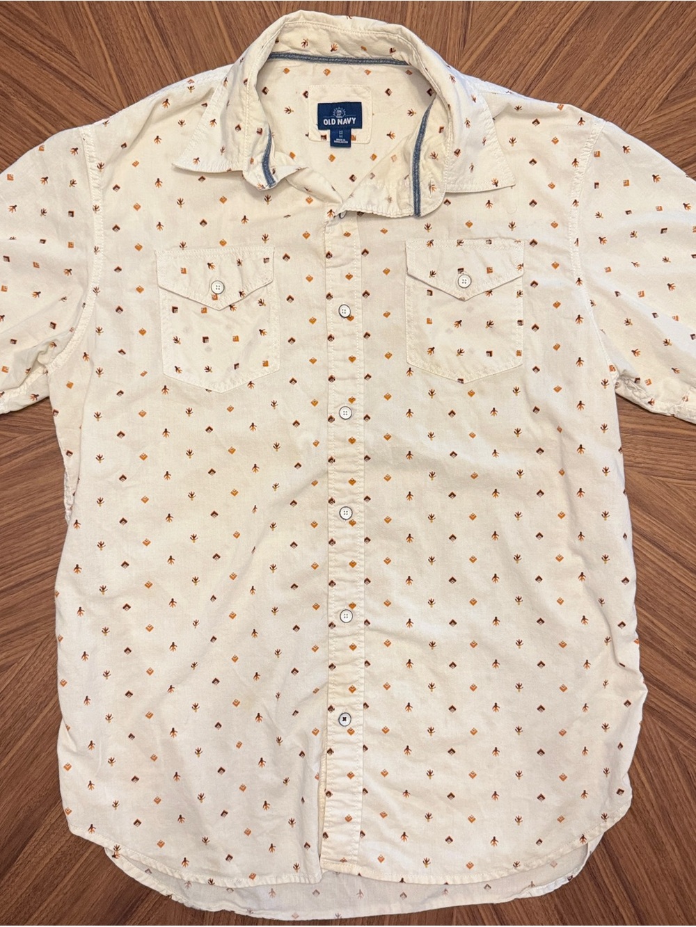 Old Navy Cream Short-Sleeve Button-Down Shirt with Tan & Brown Print